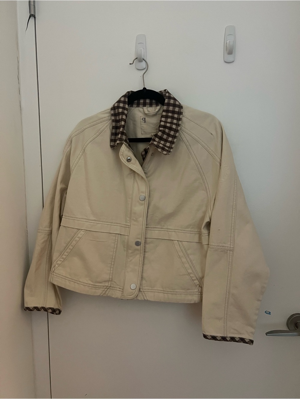 Pilcro Cream Button-Up Jean Jacket with Brown Plaid Collar
